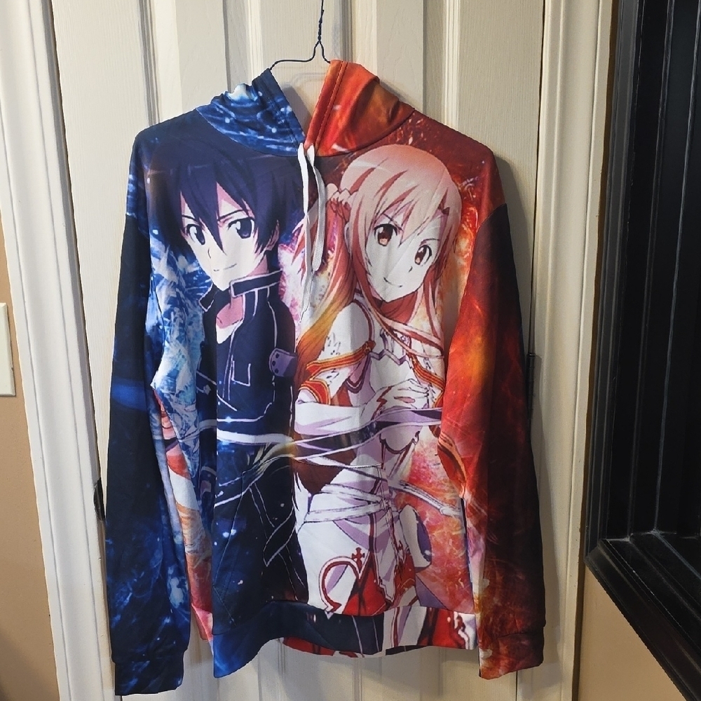 Anime Graphic Hoodie with Red and Blue Design